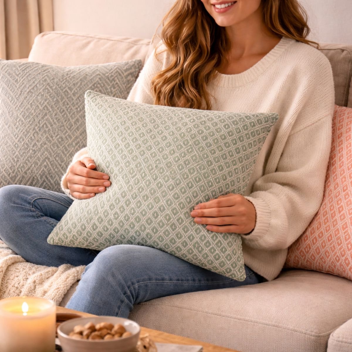 Arti Casa cushion green sierkussen - decoratief kussen voor bank of stoel - katoen - stevig gevuld voor extra steun - vierkant 45x45 cm - groen met ivoor ruitpatroon