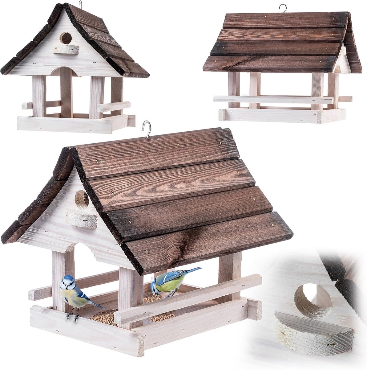 Vogelhuis Hout - Voederhuis Tuin - Vogels Voeren - Weerbestendig Ontwerp - 30 x 25 x 25 cm - Wit Donkerbruin
