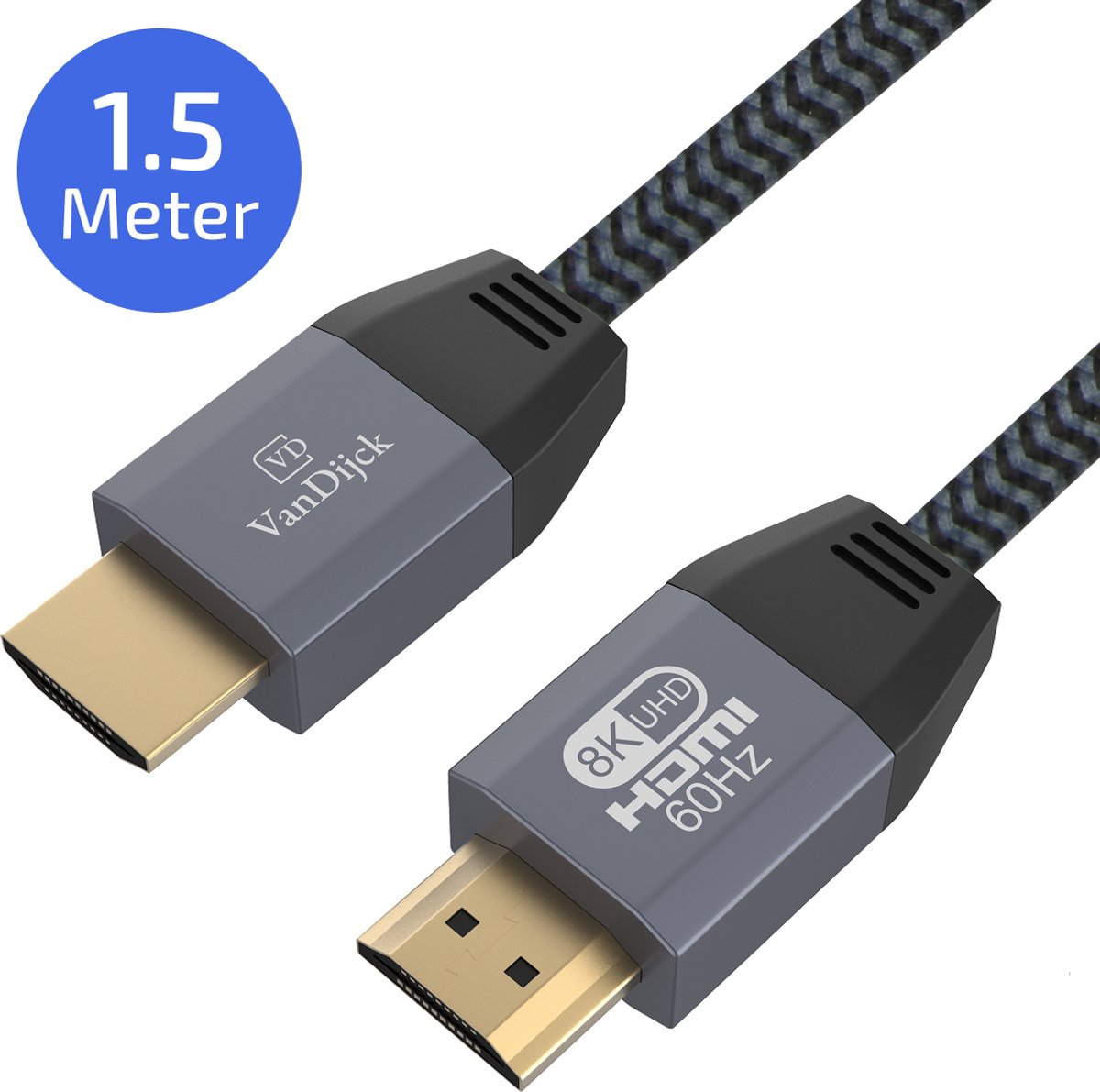 VanDijck Premium HDMI kabel 2.1 - 1.5 meter - 4K 120Hz - 8K 60Hz - Titaniumgrijs