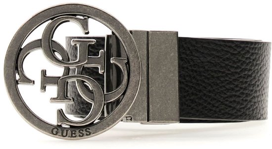 Zwarte GUESS riem met een ronde gesp met het GUESS logo.