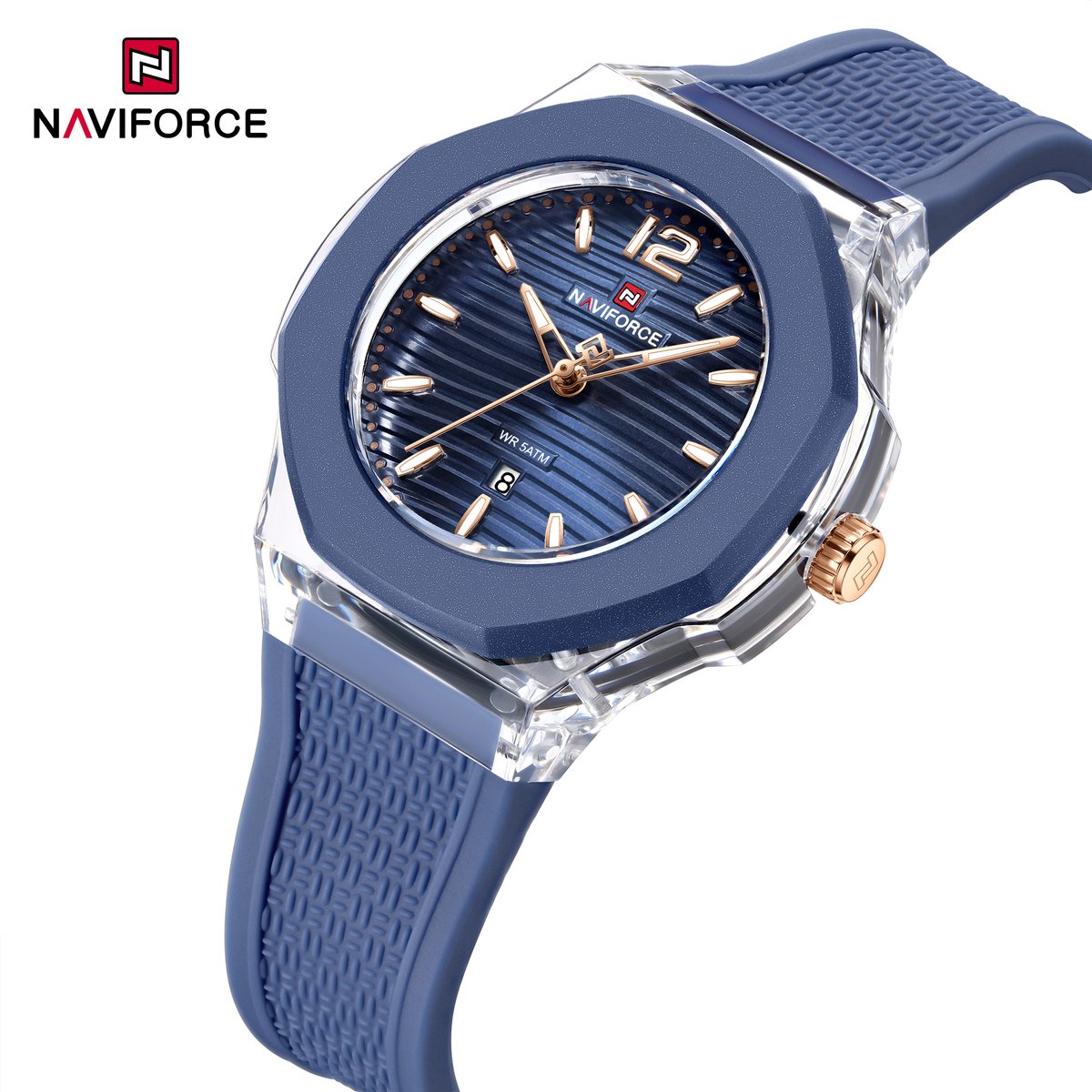 NAVIFORCE horloge met blauwe gefumeerde siliconen polsband, blauwe horlogekast en blauwe wijzerplaat voor dames met stijl ( Model 6109 BEBE )