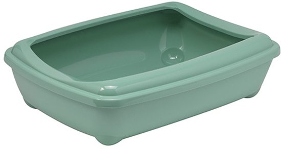 Open kattenbak met hoge rand in de kleur mintgroen, met afgeronde hoeken en vier pootjes.
