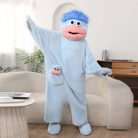 Kraftverdia® Silly Onesie Blauw pluche monsteronesie pyjama's, gezellige full-body slaapkleding met zachte stof, lange mouwen, schattig cartoondesign