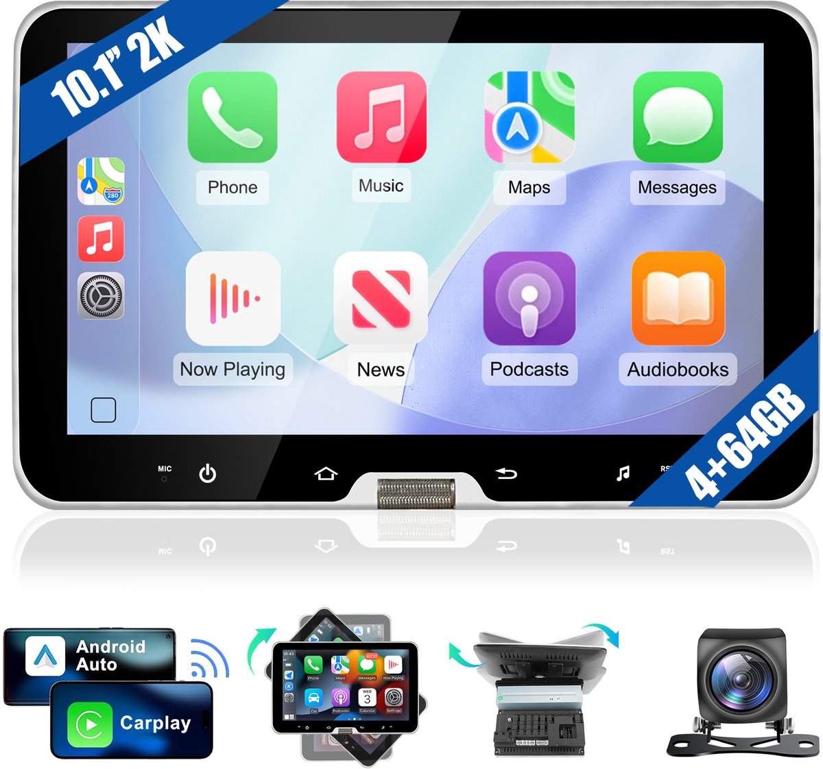 JUNSUN 1DIN autoradio 360° draaibaar scherm - Android 15 - Draadloos Carplay & Andriod Auto - Bluetooth - GPS-navigatiesystem, Achteruitrijcamera TYPE C-USB, 4GB+64GB, 10 inch HD IPS touchscreen, WIFI - RDS - FM - DSP, Octa-core processor