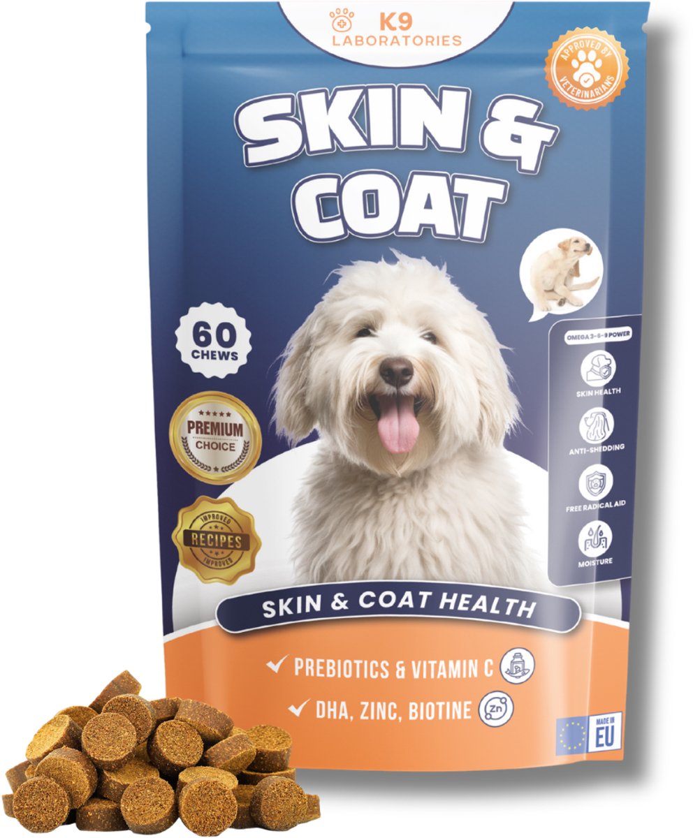 K9 Laboratories Huid & vacht Supplement voor honden - Hondensnoepjes - Omega 3 Hond - Bij Vacht & Huidproblemen - Gezonde Hondensnacks - Tegen jeuk en haaruitval - 60 Stuks