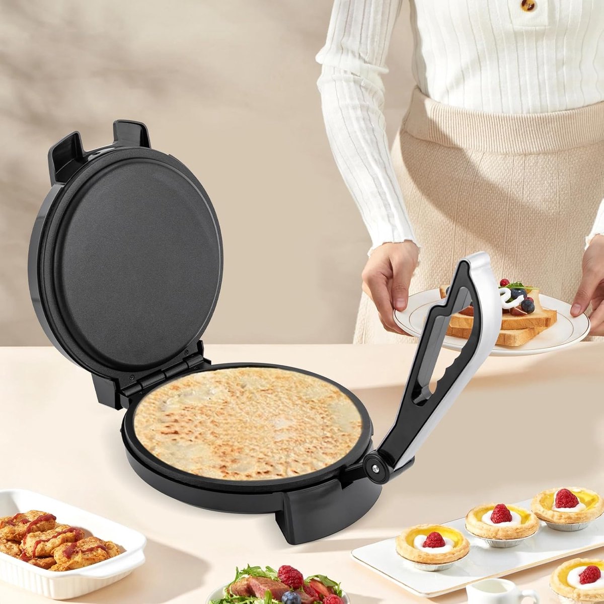 Elektrische Pannenkoekenmaker - Tortilla Pers - Snelle Snacks Maken - Instelbare Temperatuur - 26 x 34 x 19.5 cm