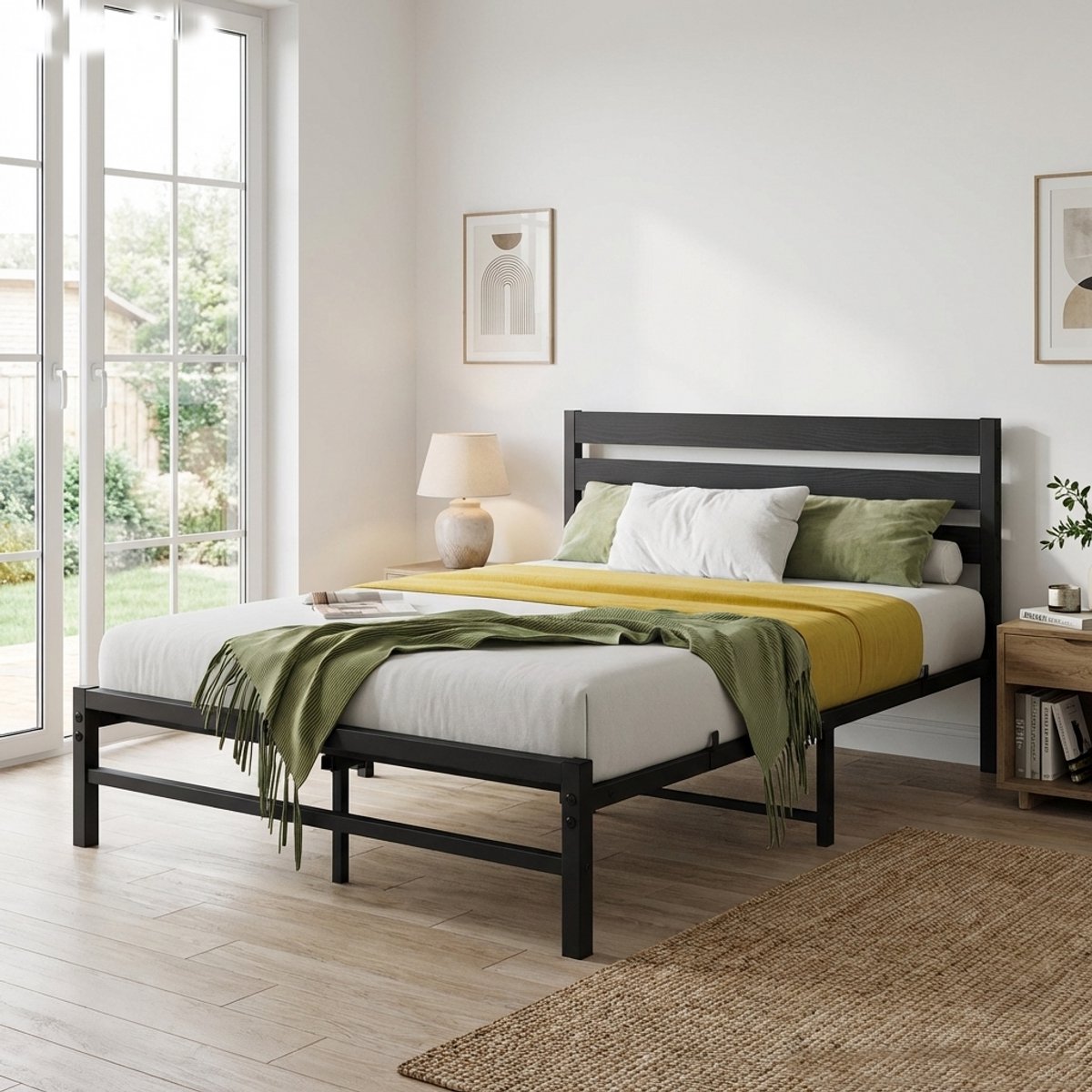 MODFU Metalen Bedframe 140x200 cm – Industrieel & minimalistisch – 27 cm opbergruimte – Zwart mat – Incl. lattenbodem – Student/logeerkamer