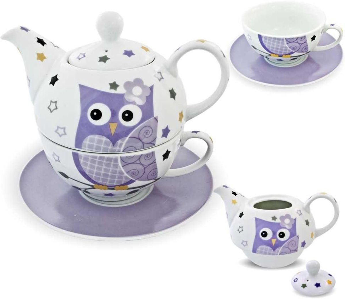 Porseleinen theeset - Theeservies met kopje - Rustig theedrinken - Hittebestendig en magnetronbestendig - 3-delig - Paars met wit