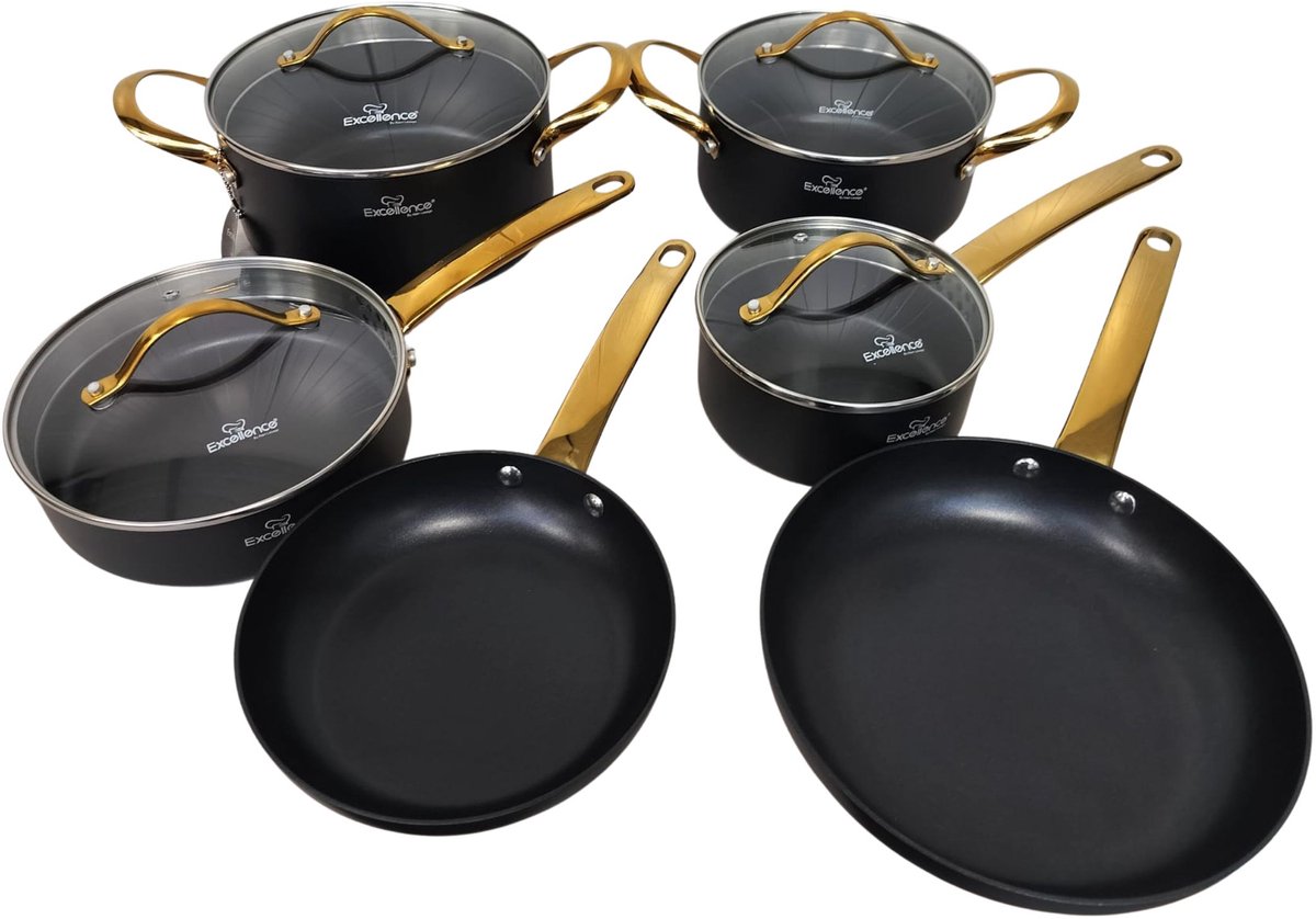 Excellence Luxe Pannenset - 10 delig - Zwart - Inductie - Met glazen deksels