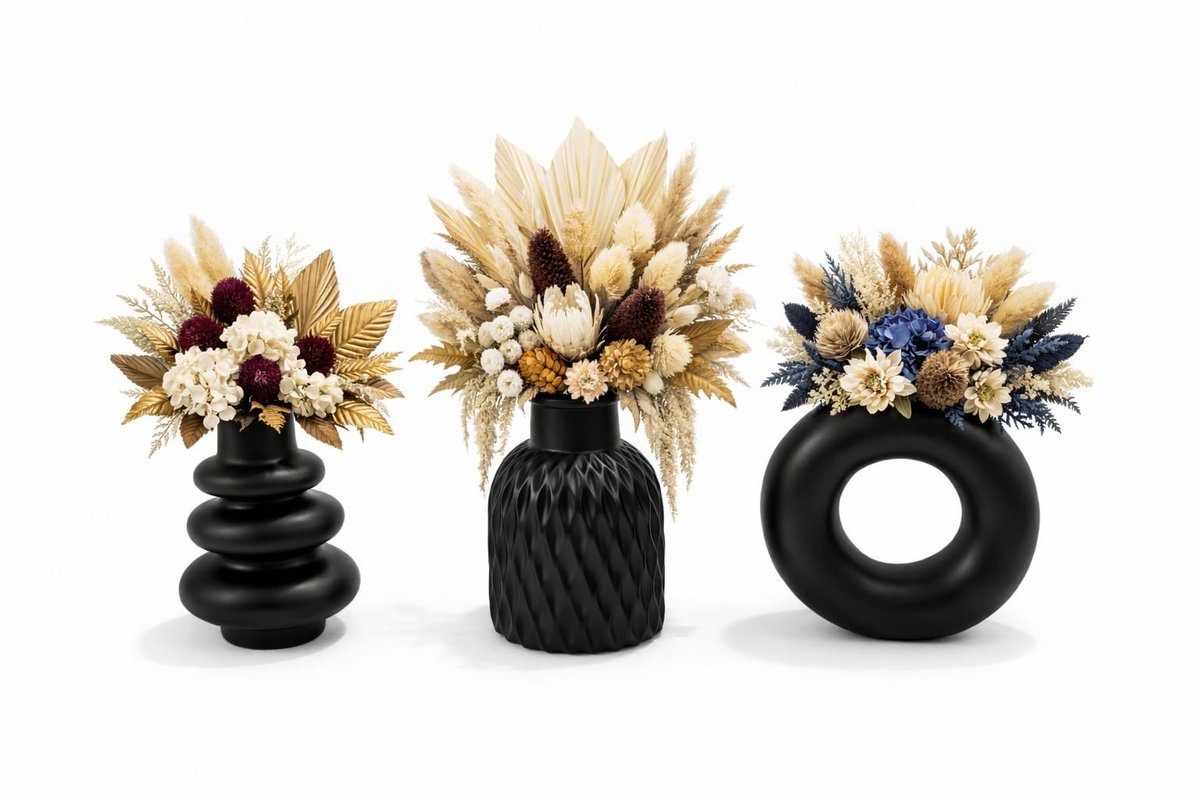QORVANE Home Luxe 3-Delige Zwarte Vaas Set – Decoratieve Design Vazen voor Moderne Woondecoratie