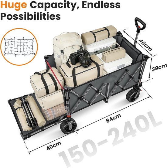 Opvouwbare Bolderkar - Draagwagen Tuin - Strand Camping - 4-Weg Stuurbaar - 180L 150kg - Olijfgroen van Opvouwbare Bolderkar — afbeelding 5