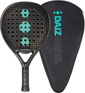 Zwart DAIZ PADEL Voyager padelracket met turquoise stippen en een zwarte thermo padeltas met logo.