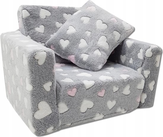 Kindvriendelijke opvouwbare pluchen kinderstoel met zitting en ligfunctie - comfortabel kids relaxfauteuil, roze harten van Merkloos — afbeelding 2