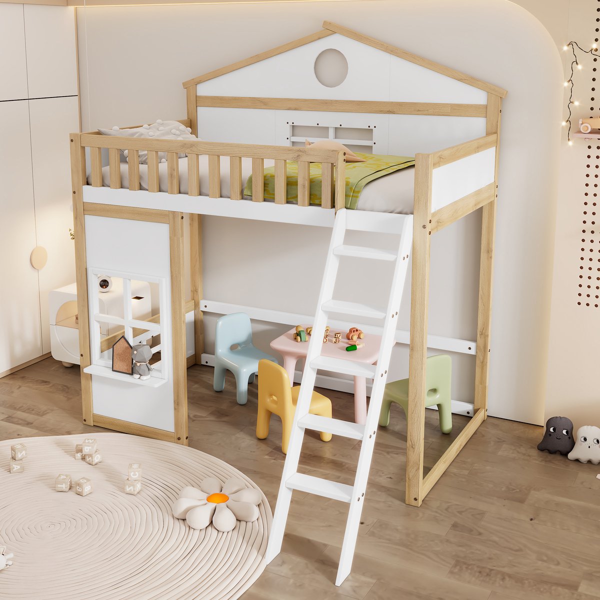 REDOM - Stapelbed met Trap – 90x200 cm – Huisbed met Dak en Ramen – Zonder Lattenbodem Onder – Grenen/MDF – Wit/Naturel