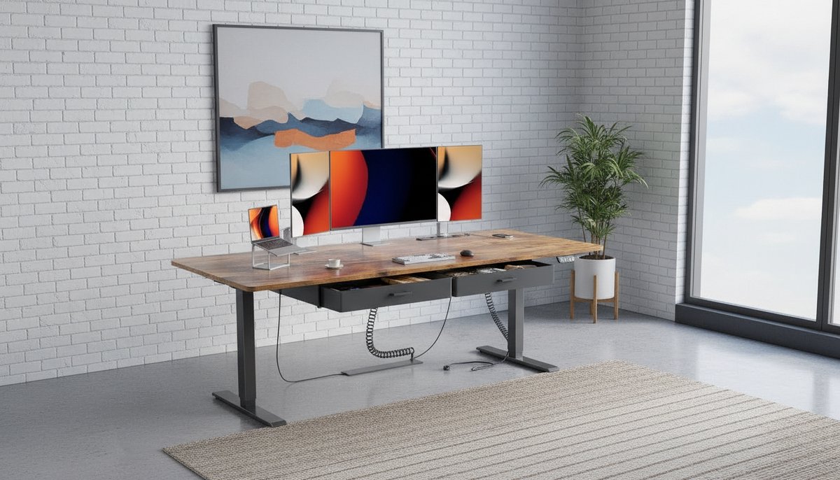 Electric Desk 200x80 cm – Casa Velluto PowerLift Max met Stopcontact & USB-C, Zit Sta Bureau Elektrisch met 2 Laden en Geheugenfunctie – Vintage Bruin