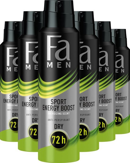 Voordeelverpakking van 6 Fa Men Sport Energy Boost deodorants, elk met 72 uur bescherming.
