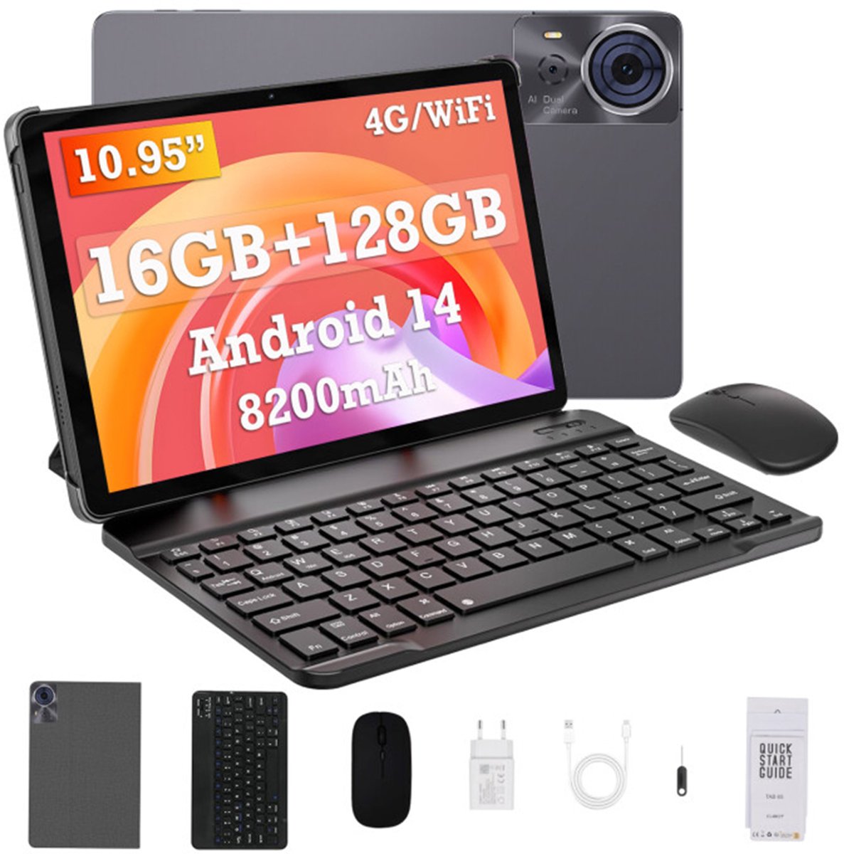 CUBOT TAB 70 Tablet - 16GB RAM 128GB ROM - 8200 mAh - 10.95 inch - Dual SIM 4G - Android 14 - Met Toetsenbord(QWERTY), Beschermhoes, Muis- Grijs