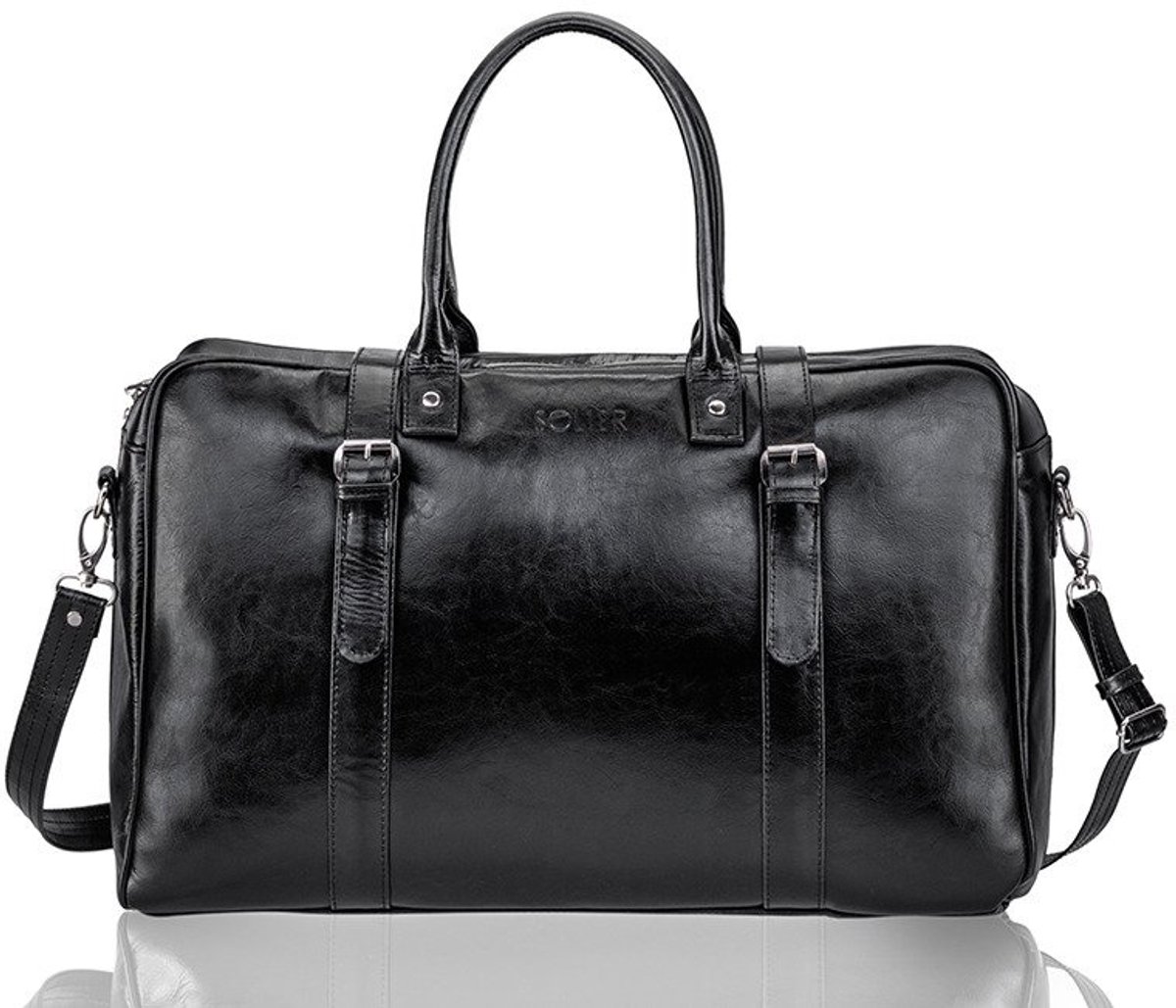 Solier SL16 Hamilton - Weekendtas Heren - Echt Leer - Handbagage Formaat - Schouderriem - Zwart