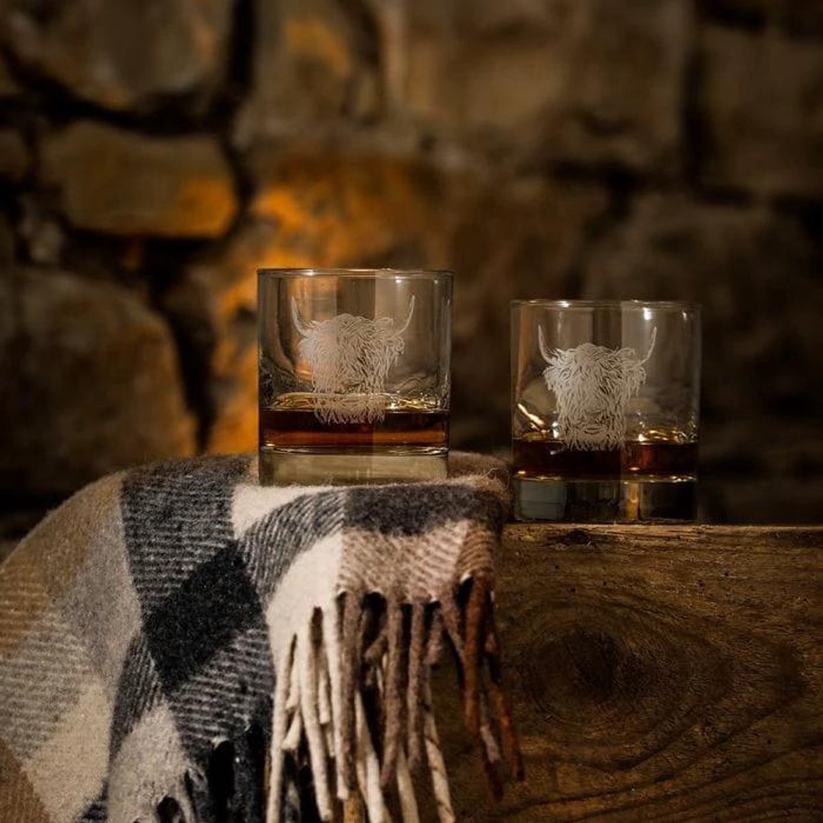 Whiskyglazen Gegraveerd Schotse Hooglander 2 stuks - Just Slate Company Scotland