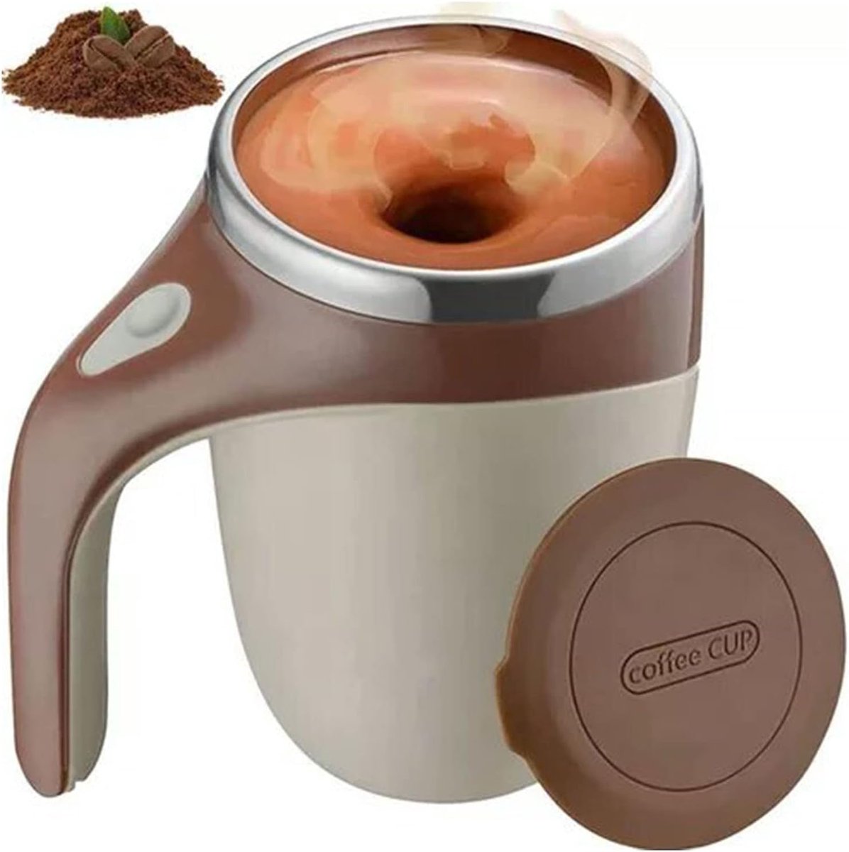Magnetische roer koffiemok 380ml – RVS, automatisch, voor koffie/cacao (bruin)