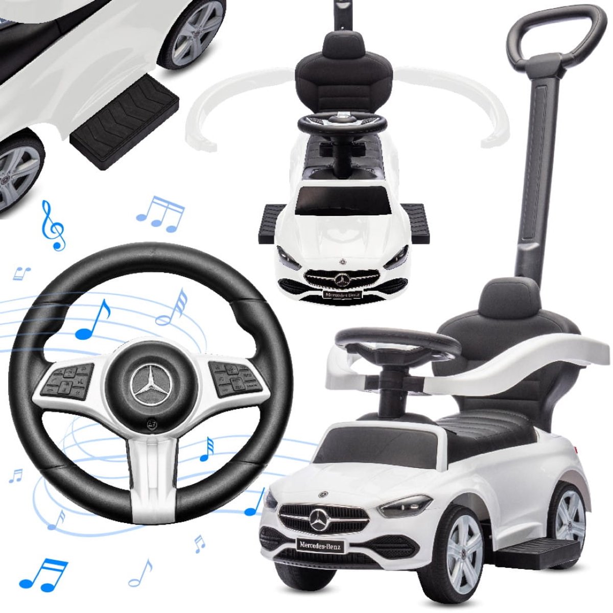 COIL loopauto met duwstang – Mercedes AMG - 3-in-1 ride on auto – kinderauto met stuur - interactief stuurwiel - voetsteunen - zijrails – voor kinderen vanaf 12 maanden - Wit