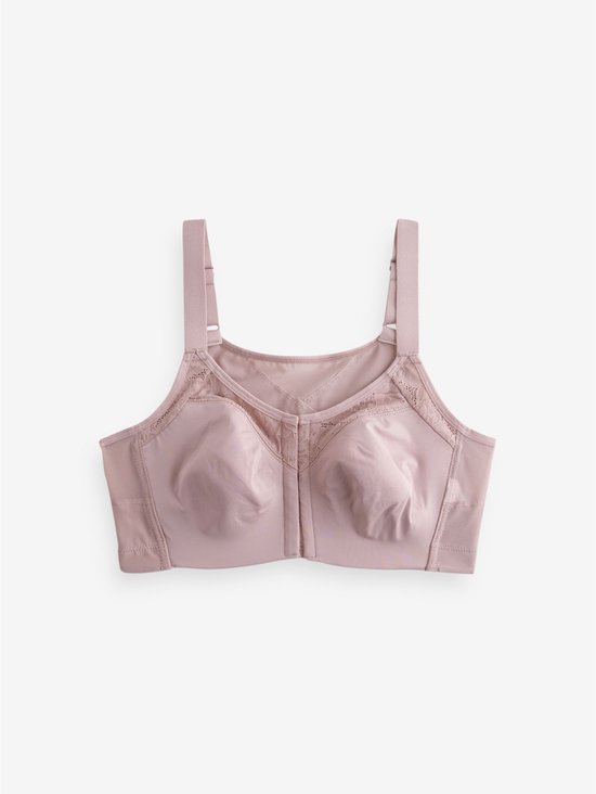 Roze beha, plat gelegd, met voorsluiting en kanten afwerking.