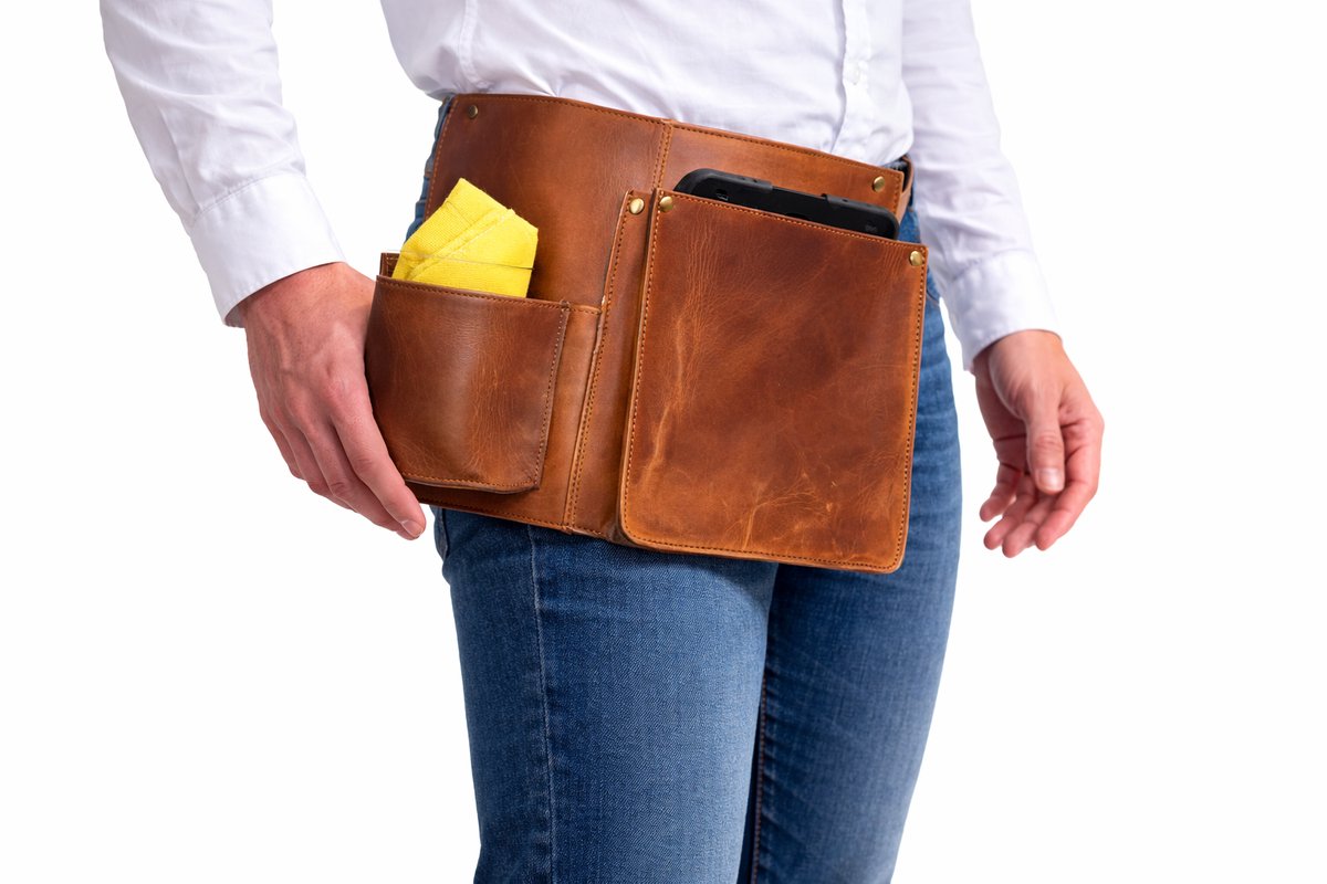 Heupschort 2-delig rechts voor IPad mini en poetsdoekholster Cognac 6621C