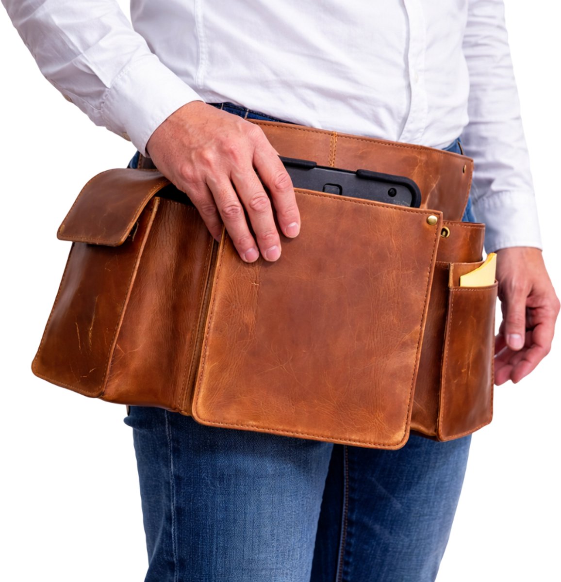 Heupschort 3-delig rechts voor IPad, pin-divice en horeca portemonnee Cognac 6624C