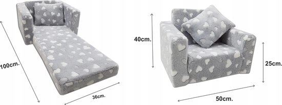 Kindvriendelijke opvouwbare pluchen kinderstoel met zitting en ligfunctie - comfortabel kids relaxfauteuil, grijze harten van Merkloos — afbeelding 3