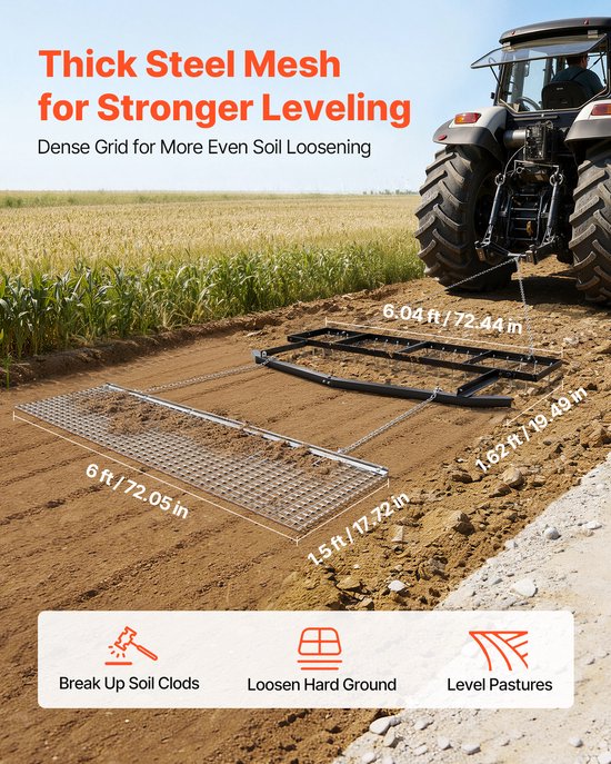 VEVOR Getrokken Eg, 1,84 M Weide-Eg, Weide-Sleepeg, Stalen Veldeg, Gazon-Egaliseerhark, Weide-Sleepeg. Geschikt voor ATV's, UTV's en Tractoren, voor Grindpaden en Velden. — afbeelding 5