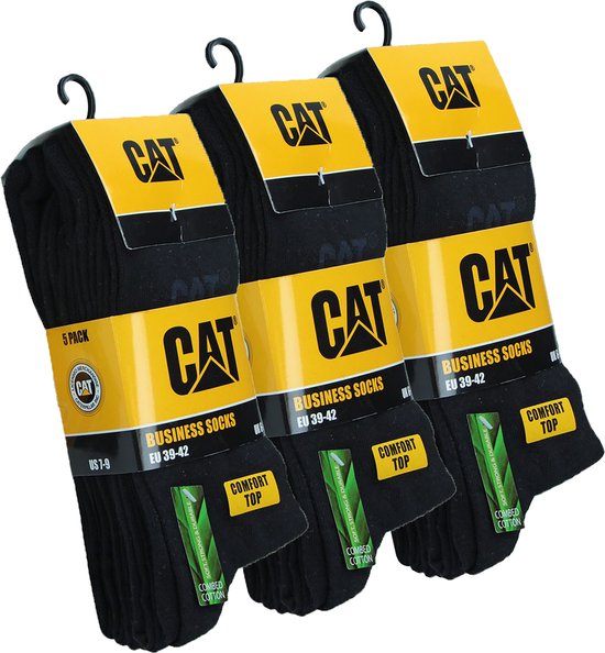 Drie verpakkingen zwarte CAT business sokken met gele labels met CAT logo en tekst.