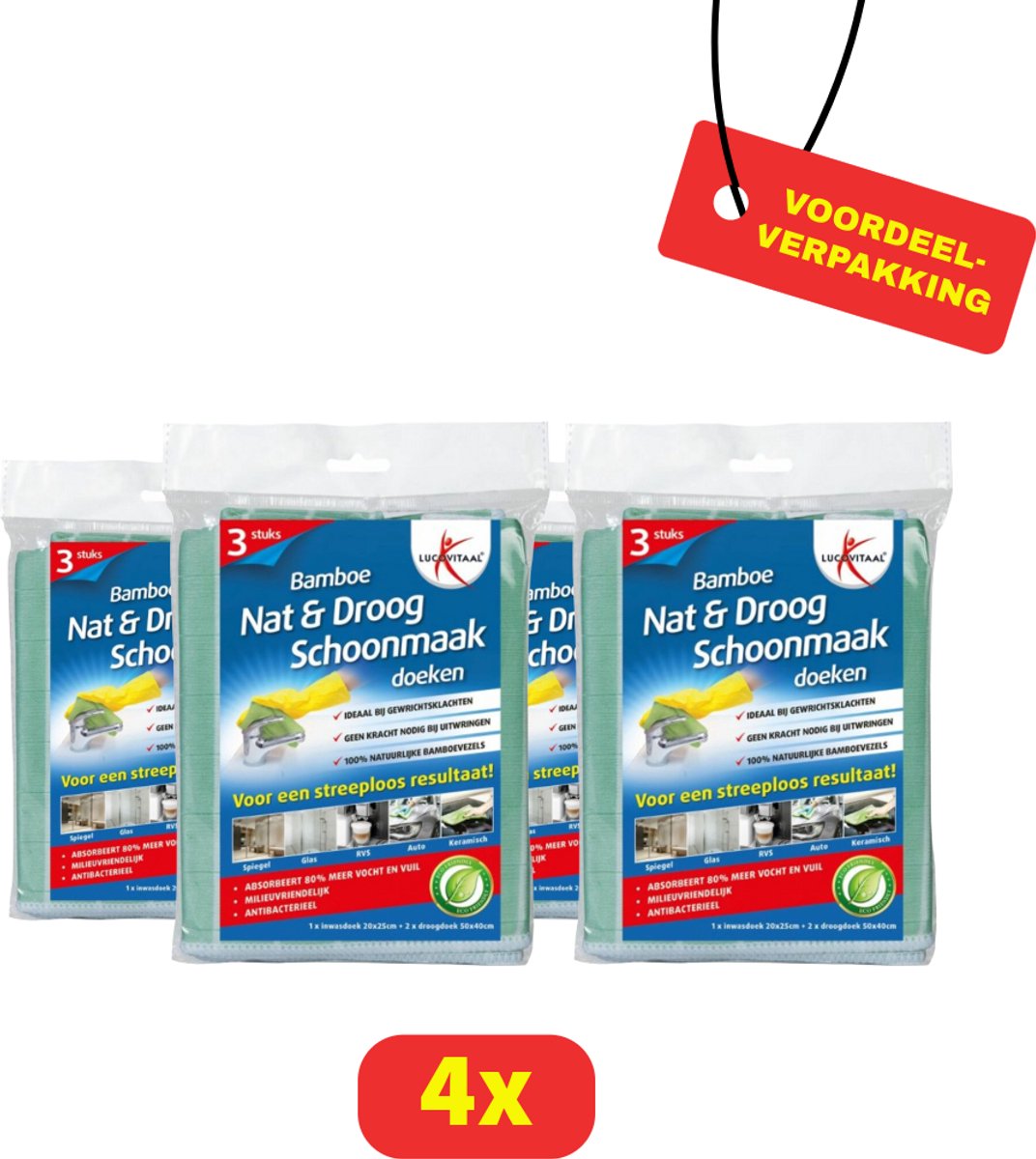 Lucovitaal Bamboe Schoonmaakdoeken - 4 x 3 stuks - Voordeelverpakking