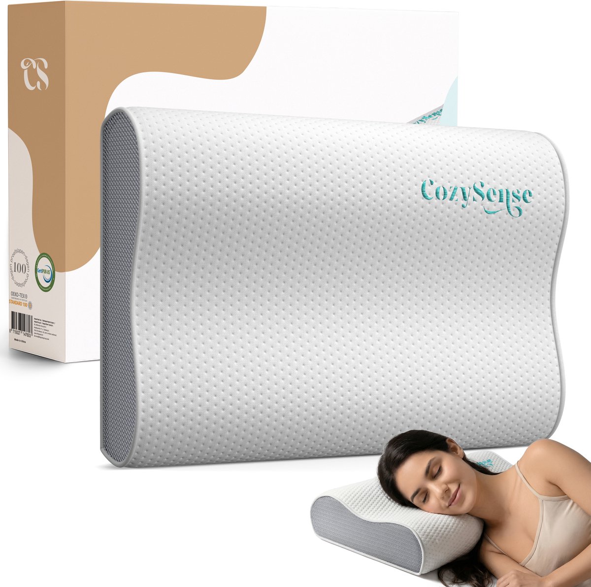 CozySense® Hoofdkussen - Orthopedisch Pillow - Ergonomisch Kussen - Traagschuim Slaapkussen - Incl. Kussensloop & Draagtas – Stevige Hardheid - voor Zij, Buik en Rug Slapers