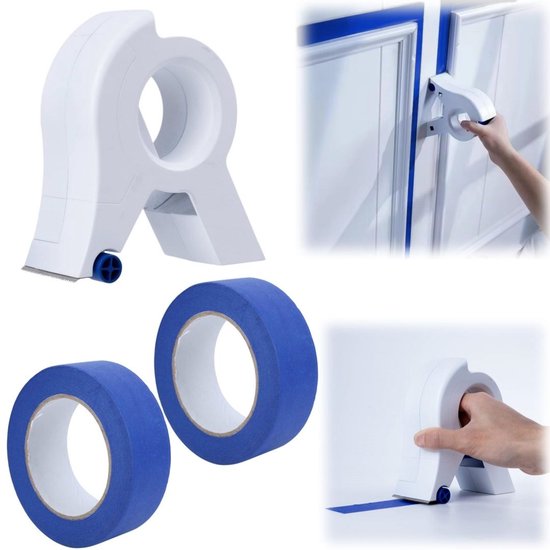 Applicateur de ruban blanc et deux rouleaux de ruban de peintre bleu, montrés en application sur des cadres de portes et des murs.