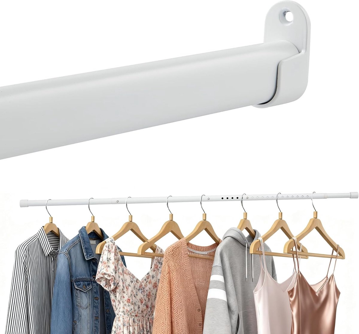 QTTVBTNA -Ovale Garderobenstange - Garderobenstange - Verstelbare Lengte 42–100 Cm - Gelegeerd Staal - Wandmontage Met 2 Houders - 1 Stuk- Wit