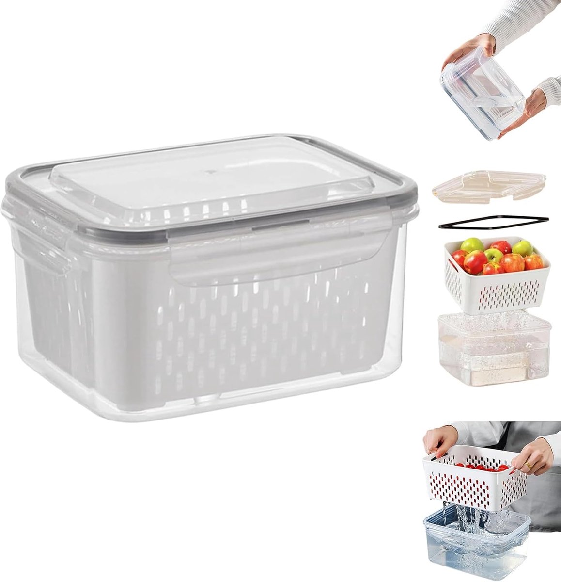 Vershoudbakje Met Vergiet - Koelkast Organizer - Fruit Bewaren - 4-in-1 Functionaliteit - Verschillende Maten - Lichtgrijs