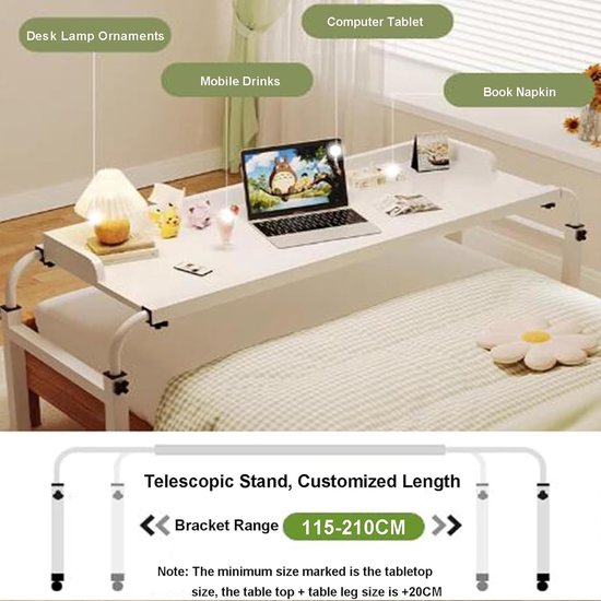 Bedtafel Op Wielen - Laptoptafel Werkplek - Thuiswerken Eten - Verstelbare Hoogte Breedte - 45x65-95cm - Wit — afbeelding 2