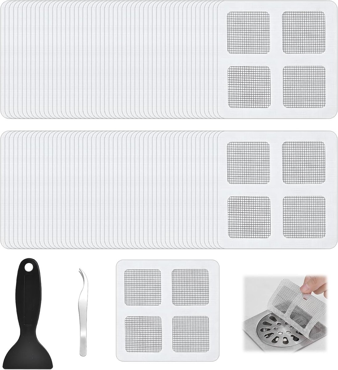 Haarzeef Set - Afvoerzeef Net - Douche Gootsteen - Zelfklevend Gemak - 10x10 cm