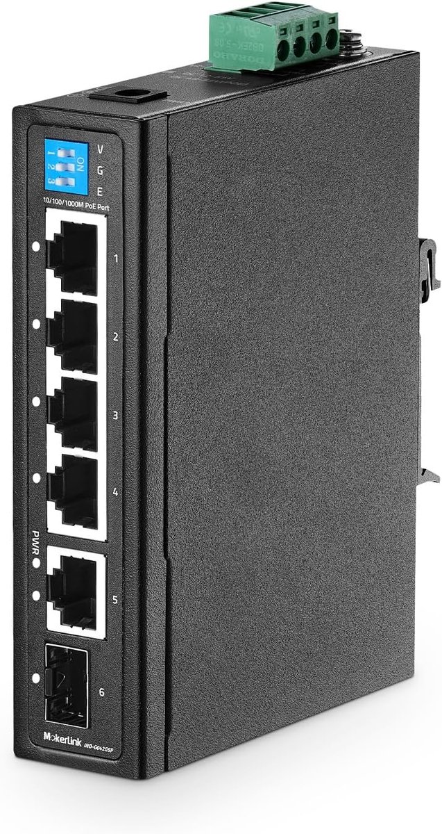 Industriële PoE Switch - Gigabit Netwerk Hub - Netwerk Uitbreiding - 6 Poorten DIN-rail - Metaal Behuizing - Zwart