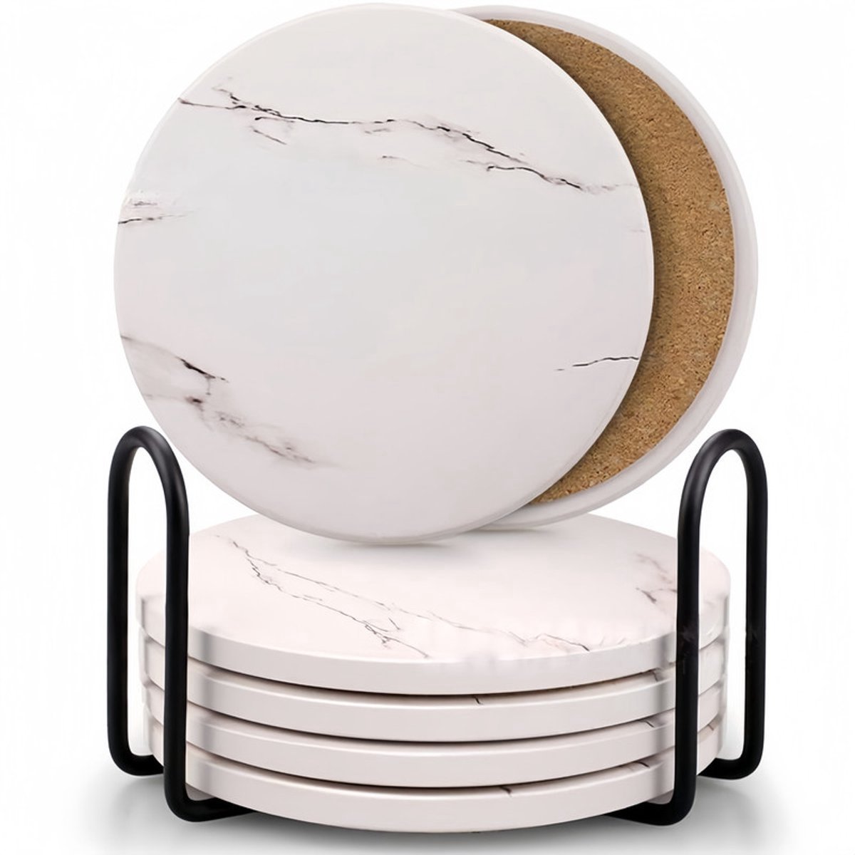 6 stuks Onderzetterset met metalen houder - functioneel en stijlvol - marmerlook - 10.3 cm
