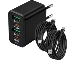 USB-C Snellader 50W 4-Poorts – QC 5.0 USB + PD3.0 USB-C – Inclusief 1m USB-C + Lightning Kabel – Geschikt voor iPhone & Samsung – Zwart