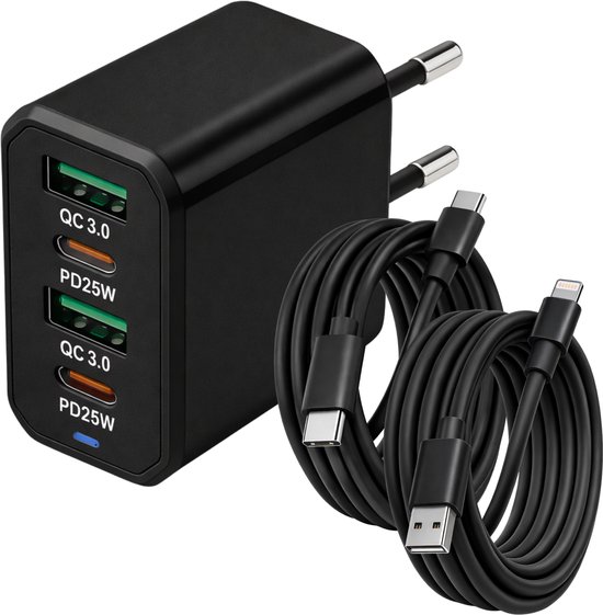USB-C Snellader 50W 4-Poorts – QC 5.0 USB + PD3.0 USB-C – Inclusief 1m USB-C + Lightning Kabel – Geschikt voor iPhone & Samsung – Zwart