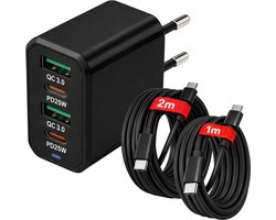 USB-C Snellader 50W 4-Poorts – QC 5.0 USB + PD3.0 USB-C – Inclusief 1M + 2M USB-C Kabel – Geschikt voor iPhone & Samsung – Zwart