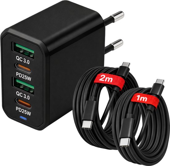 USB-C Snellader 50W 4-Poorts – QC 5.0 USB + PD3.0 USB-C – Inclusief 1M + 2M USB-C Kabel – Geschikt voor iPhone & Samsung – Zwart