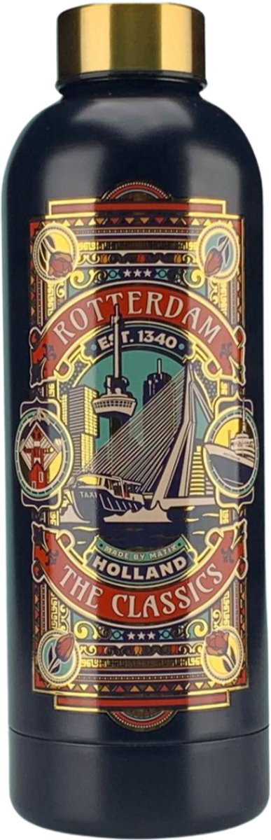 Waterfles - isoleerfles - Rotterdam - blauw/goud - Typisch Hollands - Rotterdam cadeau
