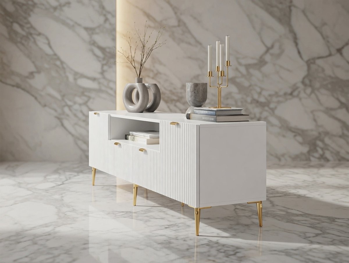 Modern TV Meubel 190 cm met Lades, Deuren en Open Vakken – Wit MDF Design TV Kast met Soft Close – Minimalistisch Woonkamer Meubel – NoviHome