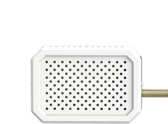 Een witte, rechthoekige verwarming met vele kleine ventilatiegaten, met een aansluiting aan de zijkant.