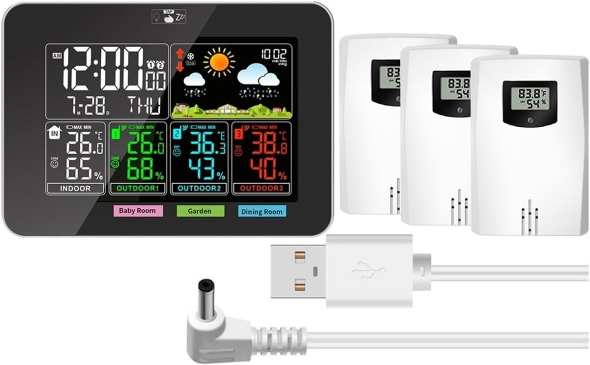 Draadloos Weerstation - Temperatuur Vochtigheid - Binnen Buiten Meten - VA Kleurendisplay - 3 Sensoren