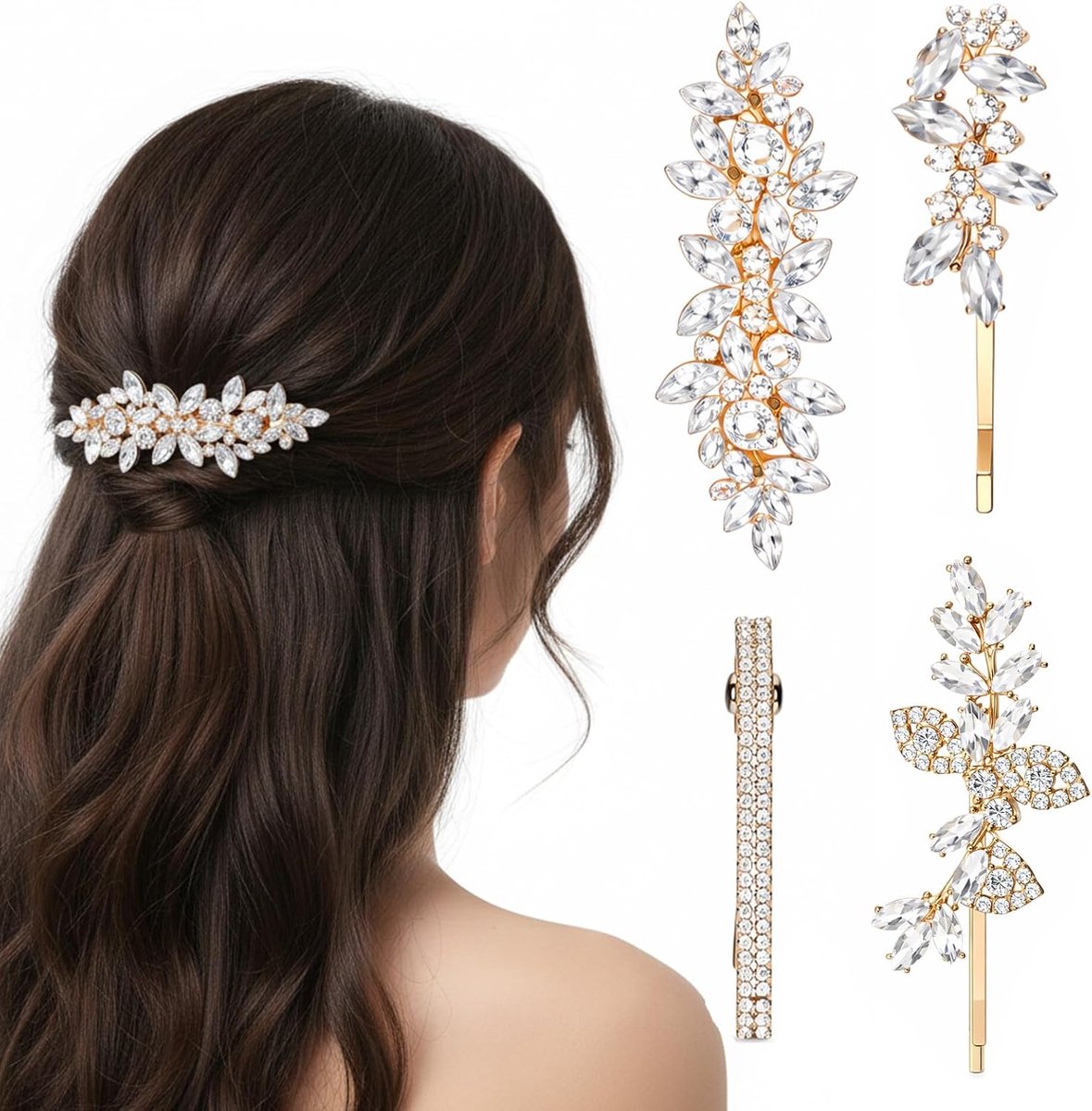 Bloem Haarclips - Bruids Accessoires - Feestelijk Gelegenheid - Set van Vier - Tot 8.5cm - Goud