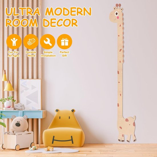 Houten Meetlat - Groeimeter Kinderen - Kinderkamer Decoratie - Met Giraffen Design - 180 cm Lengte - Natuurlijk Hout — afbeelding 3